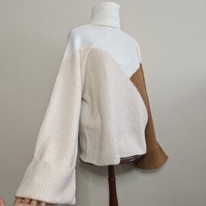 JustFab Women's Turtleneck Sweater Flare Sleeve Pink Brown White Colorblock